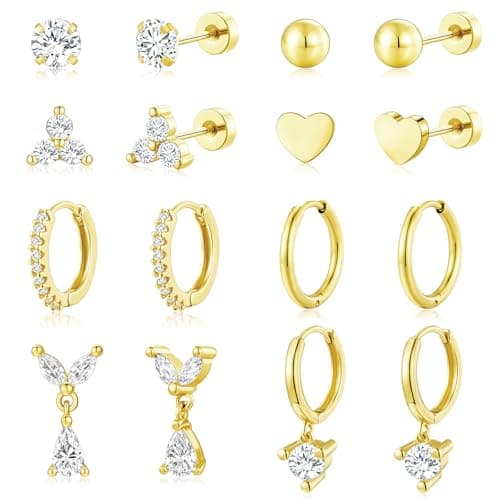 adoyi Gold Hoop Earrings Set for Women Hypoallergenic Surgical Steel Earrings 14K Gold Plated Sensitive Ears Flat Back Studs Stainless Steel Samll Cartilage Huggie Earring for Women Jewelry - Image 1