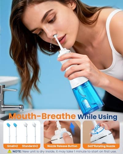 GOLDANT 350ML Neti Pot Sinus Rinse Kit, Nasal Irrigation System with 5 Modes, 4 Nozzles, Cordless Rechargeable, IPX7 Waterproof, Nose Cleaner for Sinus Relief (350ML No Salt) - Thumbnail 4