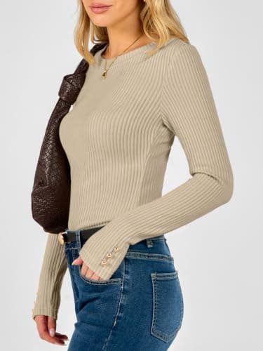ANRABESS Womens Long Sleeve Shirts Slim Fitted Tops Beige Medium - Thumbnail 3