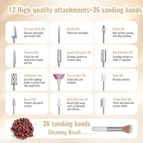 Denabuty Electric Nail Drill Cordless, 35000RPM Portable Electric Nail File with LCD Display and 12 Nail Drill Bits for Acrylic & Gel Nails, Professional Manicure & Pedicure Kit Set Golden - Thumbnail 6