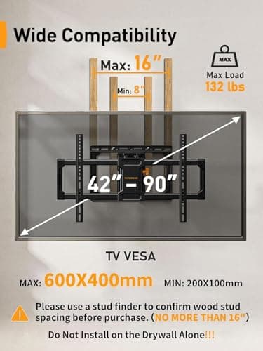 Perlegear UL Listed Full Motion TV Wall Mount for 42-90" TVs up to 132lbs, Heavy Duty TV Mount with Dual Articulating Arms, Tool-Free Smooth Tilt, Swivel, Fits 16" Studs, Max VESA 600x400mm, PGLF8 - Thumbnail 2