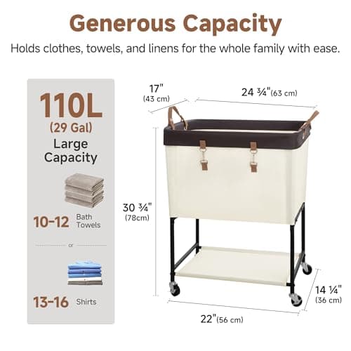 StorageWorks Laundry Cart, 2 Tier Rolling Laundry Basket, Heavy Duty Laundry Basket with Lockable Wheels, Laundry Room Organization and Storage, Clothes Hamper for Bedroom, Dorm, Closet, 29Gal, Beige - Thumbnail 3