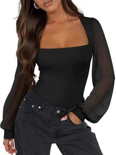 PINKMSTYLE Mesh Bodysuit for Women Sexy Slimming Square Neck Double Lined Tops Fall Classy Puff Long Sleeve Tops Shirts Black Medium - Image 1