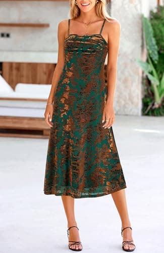 BTFBM Women's Summer Dress Sleeveless Spaghetti Strap Midi Dress Sexy Cowl Neck Floral Cocktail Dress Party Dresses(Dark Green,Medium) - Thumbnail 2