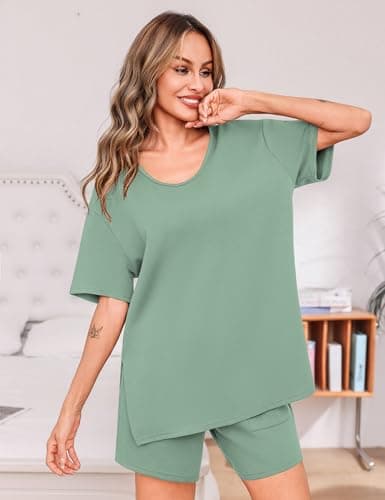 Totatuit Women's Casual 2 Piece Short Sets Oversized Slit Hem T-Shirt and High Waisted Shorts Pajama Set Soft Loungewear for Vacation Sage Green Small - Thumbnail 2