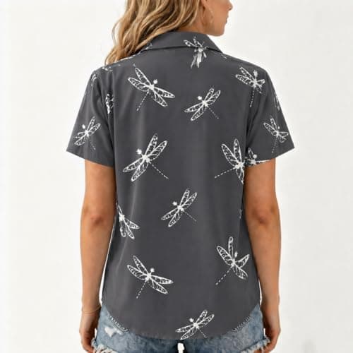 Chicwave Women's Short Sleeve Button Down Shirt, Collared V Neck Floral Print Blouse, Lightweight Casual Work Top for Office, Travel, Vacation, Summer, Gray - Thumbnail 3