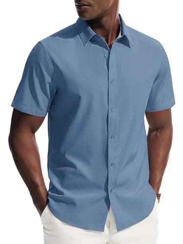 PJ PAUL JONES Mens Dress Shirts Short Sleeve Button Up Shirt Wrinkle Free Business Casual Shirts for Men Summer Work Office Wedding Denim Blue - Image 1