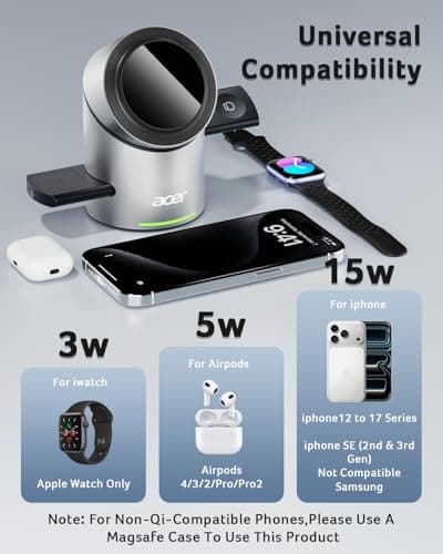Acer Prime 3 in 1 Charging Station for Apple - Magnetic iPhone Wireless Charging Station, Magsafe Charger Stand for iPhone 17 16 15 14 13 12 - Apple Watch - Airpods Series (Charger & USB-C Included) - Thumbnail 3