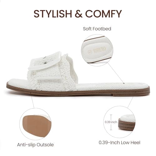 Rihero Flat Sandals for Women Square Toe Raffia Slide Sandals Summer Dressy Slip On Buckle Straw White Beach Slides White Size 8.5 - Thumbnail 4