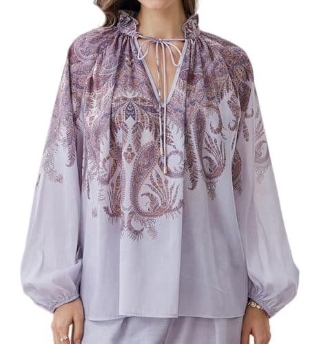 Women's 2026 Casual Loose Fit Lightweight Summer Fall Balloon Sleeve Boho Paisley Print Blouse Peasant Tie Neck Gypsy Style Top Ladies Vintage Bohemain Shift Shirt Blouse for Vocation Travel - Image 1