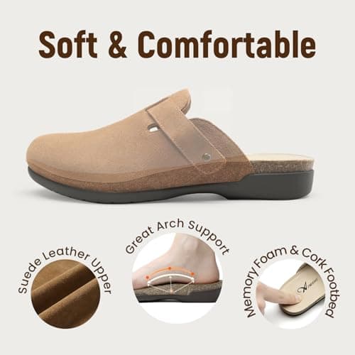 Athlefit Cork Clogs for Women Adjustable Buckle Antislip Leather Brown Clogs with Arch Support Slip On Potato Shoes for Fall Casual Work Vacation Home 8.5 - Thumbnail 5