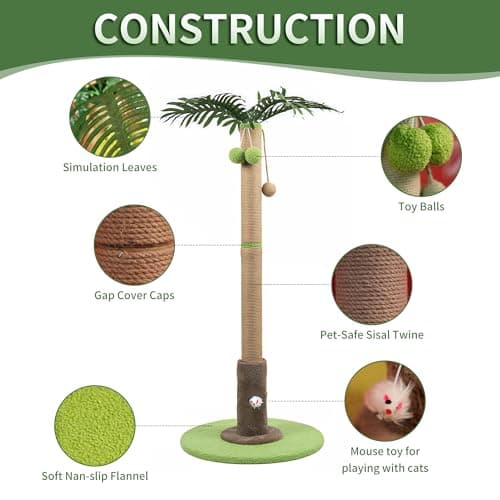 RPZ Palm Tree Cat Scratching Post for Indoor Cats, Tall Sisal Cat Scratcher Tree with Sturdy Base, Cute Cat Scratch Post for Kittens & Adult Cats - Thumbnail 4