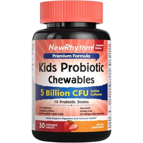 NewRhythm Kids Probiotic Chewables, 5 Billion CFU 10 Strains, with Prebiotic Fiber Inulin & Organic Acacia, Natural Strawberry Flavored, for Digestive & Immune Support, 30 Chewable Tablets - Image 1