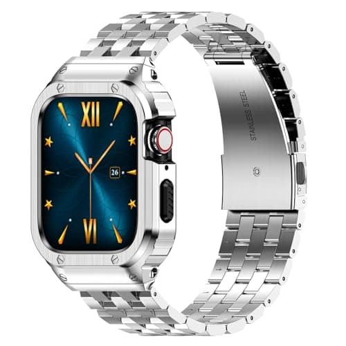 HASLFM Stainless Steel Band with Case Compatible with Apple Watch Series 9 8 7(45mm), Metal Protective Bumper Cover for iWatch Bands Men,Silver