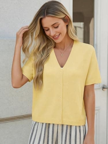 GRACE KARIN Women Spring Short Sleeve Cardigan Sweaters Button Down Knit Shirt Dressy Casual Tops 2026 Summer Outfits Yellow - Thumbnail 6