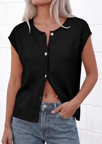 PRETTYGARDEN Sweater Vest Women 2026 Summer Spring Cap Short Sleeve Cardigan Lightweight Button Down Trendy Loose Tops (Black,Small) - Thumbnail 2