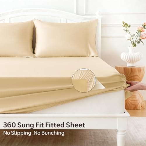 ChicView King Luxury Satin Sheet Set,4 Pieces Ultra Cooling Silky Feel Breathable Bedsheets, 16 Inch Deep Pockets Bed Sheets,Good for Hair & Skin, Gold - Thumbnail 5