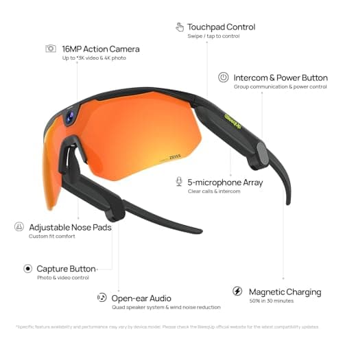 BleeqUp Ranger 4-in-1 Sport Camera Glasses, 16MP 1080P 120FOV Camera Glasses with EIS, Lightweight Sport Sunglasses with AI Video for Outdoor Cycling Hiking (Black) - Thumbnail 2