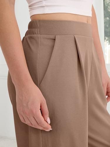 ANRABESS Womens Pants Wide Leg Waffle Knit Casual Stretchy Work Dress Pants 2026 Pull on Business Slacks Trousers Outfits Medium Coffee - Thumbnail 6
