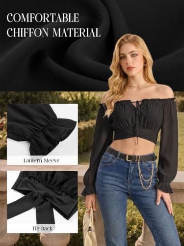 Women Off the Shoulder Crop Tops Long Sleeve Shirt Blouse Black S - Thumbnail 4