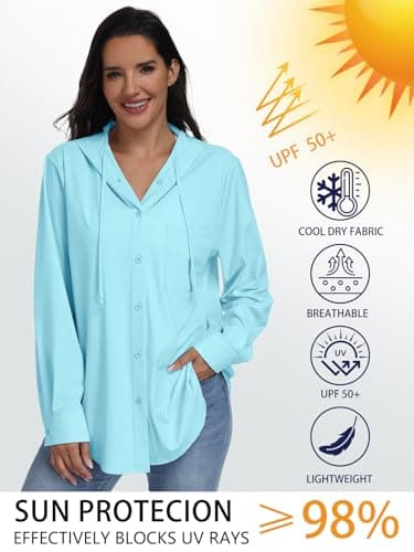 Kimmery UPF 50+ Travel Hoodie with Eye Mask for Women Outdoor Button Up Sun Shirt with Pockets for Airplane Lake Blue M - Thumbnail 4