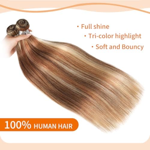 YESHURAY Highlight Bundles Human Hair Straight Virgin Hair Extensions With Brown/Blonde 3 Tones Highlights 3 Bundles/Pack 12 14 16 Inch 100g/Bundle - Thumbnail 2