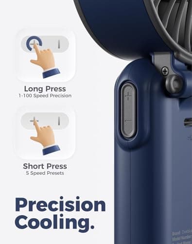 Diveblues Portable Handheld Fan, 7.4m/s High Speed Turbo Fan, 180° Foldable 4-in-1 Personal Neck Fan Integrated Carabiner Clip, 100 Speed Stepless Control, USB-C Rechargeable, 12H Battery, Fanzy D6036 - Thumbnail 5