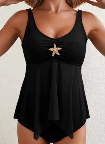 Dokotoo Ribbed Flowy Tankini Set Metal Starfish High Waisted Swimsuits with Bottom,Black Medium - Thumbnail 2