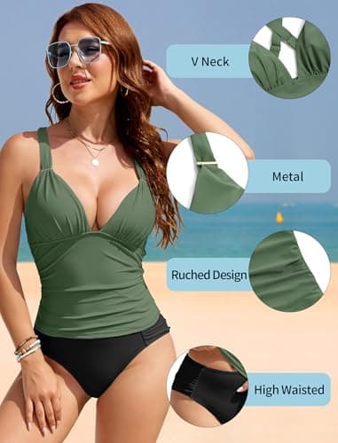 ZAFUL Womens Tankini Swimsuits Tummy Control Bathing Suits Two Piece V Neck Ruched Swim Suits 2025 Army Green S - Thumbnail 4