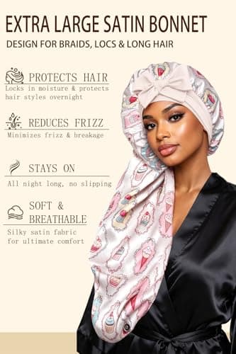 Vettres Extra Large Satin Bonnet for Braids & Locs, No Slip Tie Band Stays On All Night, Silky Sleep Cap Won’t Flatten Hair Ice Cream Cake - Thumbnail 2