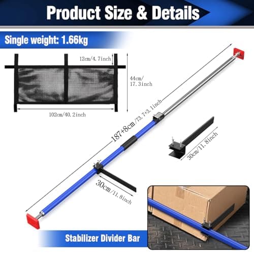 3-H Truck Cargo Bar, 43"-77" Adjustable Support Pole All Metal,Cabinet Jack,Truck Bed Divider with Self-Locking Spring Ratchet - Load Lock Bar for Vans, SUVs & Trucks,Blue, 1pc & Divider Bar+Net - Thumbnail 2