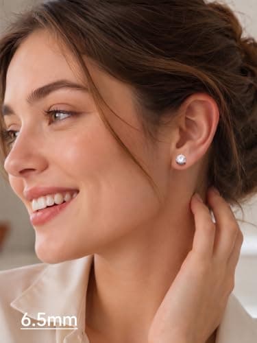 Justbeingcute Sterling Silver Diamond Earrings 6.5mm April Birthstone Stud Gemstone Cubic Zirconia Stud Earrings Jewelry Timeless Round Cut Hypoallergenic Everyday Minimalist 1ct - Thumbnail 2