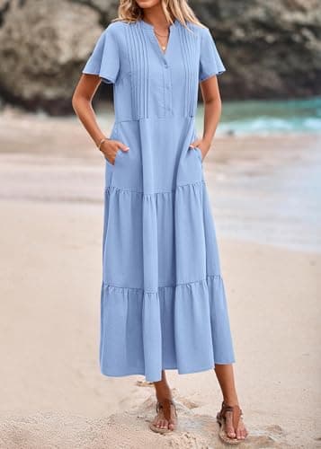 KIRUNDO Summer Maxi Dresses for Women 2026 Spring Fashion Short Sleeve Button V Neck Pleated Loose Tiered Swing Flowy Dress(Light Blue, XX-Large) - Thumbnail 5