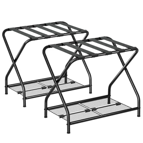 NEFROM Set of 2 Foldable Black Luggage Rack Stands with Storage Shelves – Heavy Duty Metal Holders, 150 lbs Top, 50 lbs Bottom Each, Fits 20”-28” Luggage – Guest Room, Bedroom, Hotel LR-BK-2 - Thumbnail 5
