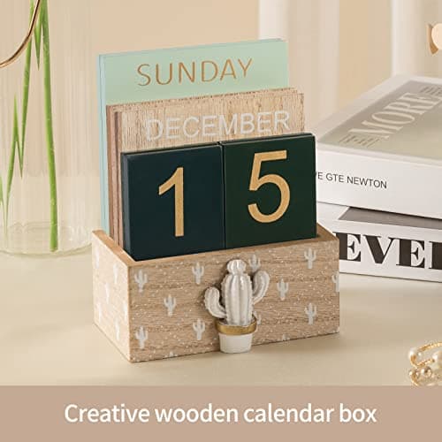 Perpetual Desk Calendar, Wooden Calendar Vintage Office Supplies Block Home Office Aesthetic Boho Desk Accessories Green Cactus Decor Gift - Thumbnail 6