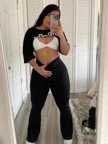 gaimoliso Women Scrunch Butt Lifting Flare Wide Leg Yoga Pants Bootcut High Waisted Workout Leggings Black - Thumbnail 3