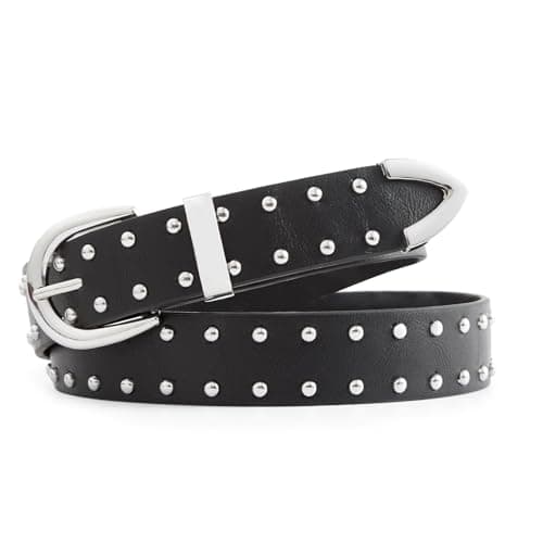 EONTISO Women Studded Leather Belt for Jeans, Punk Fashion Silver Rivets, Western Studded Black S - Thumbnail 6