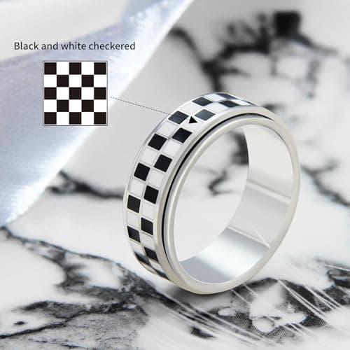Checkerboard Fidget Ring for Men - 8mm Black and White Checkered Anxiety Spinner Jewelry for Adults, Stainless Steel Roating Ring for Stress Relief, Modern Jewelry Gift for Men Women (Silver, 8) - Thumbnail 4