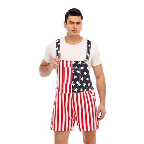 HEYSCRINT American Flag Denim Bib Overalls Patriotic Rompers Shorts Summer Holiday Jumpsuit Costume Outfit Mens & Womens (F02-M - Thumbnail 2
