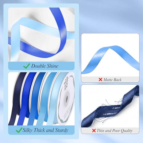 woric Double Faced Blue Ribbon 3/8 Inch x 5 Rolls Total 50 Yards, 10 Yd/Roll Craft Thin Satin Ribbon for Gift Wrapping Hair Bows Baby Bridal Shower Wedding Graduation Mother's Day Decoration - Thumbnail 2