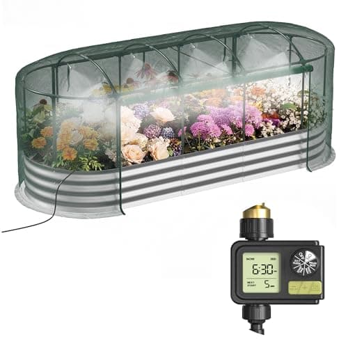 Lineware Raised Garden Bed with Sprinkler Timer and Self-Watering System, 8x3x1 ft Elevated Planter Boxes Outdoor with Mesh Cover, Oval Raised Beds for,Vegetables,Flowers, Backyard, Patio - Image 1