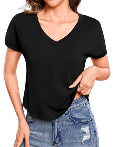 Totatuit Women Casual Cropped T-Shirts Short Cap Sleeve Boxy V Neck Summer Tee Shirts Basic Solid Loose Fit Tops Black Large - Image 1