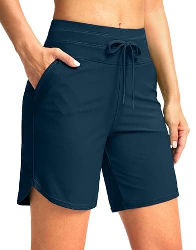 G Gradual Women's 7" High Waisted Swim Board Shorts with Pockets Quick Dry Beach Swimming Shorts for Women with Liner(Dark Blue,L) - Image 1
