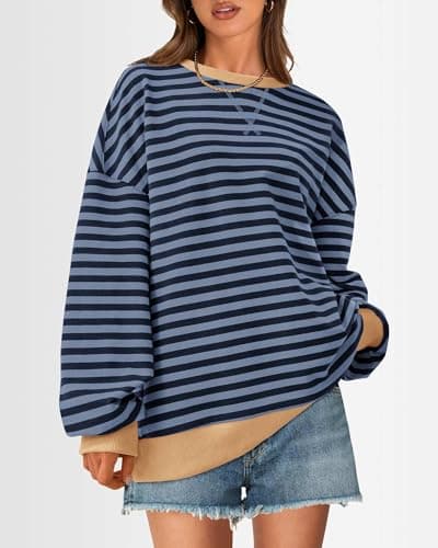 BTFBM Sweatshirt For Women 2026 Summer Crewneck Long Sleeve Oversized Striped Pullover Tops Y2K Clothes Workout Shirt(Blue Navy, X-Large) - Thumbnail 3