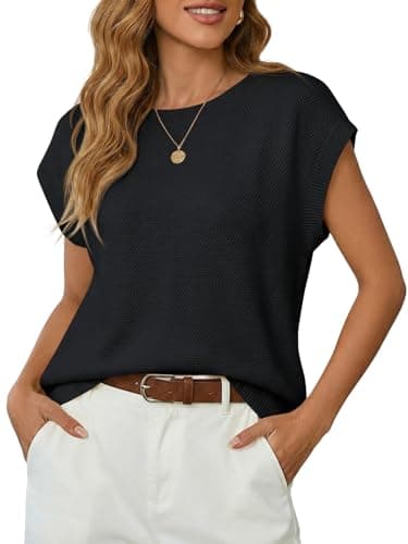 Saodimallsu Womens Short Sleeve Sweater Tops Summer Crewneck Lightweight Knit Casual Loose Sleeveless Sweater Vest Black - Image 1