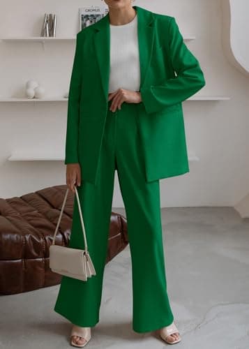 KIRUNDO Women Suits 2 Piece Set Business Casual Dressy Oversized Blazer Jacket and Wide Leg Dress Pantsuits Formal Outfits(Green, Medium) - Thumbnail 3