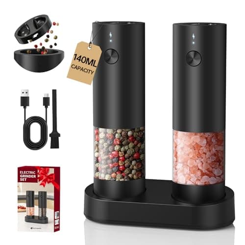 CIRCLE JOY Electric Salt and Pepper Grinder Set with Charging Base, Rechargeable Automatic Pepper Mill, Adjustable Coarseness, LED Light, 140ml Large Capacity - Image 1