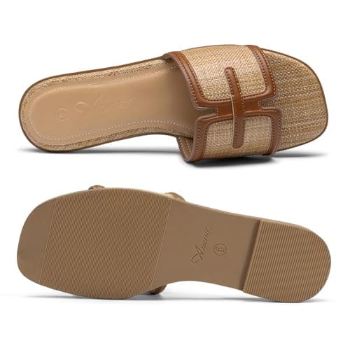 Athlefit Brown Flat Sandals for Women Raffia Comfortable Square Open Toe Slip On Beach Casual Slide Sandals Size 6.5 - Thumbnail 5