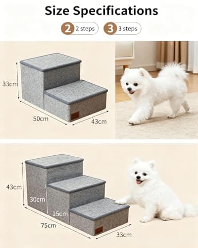 Dog Stairs with Storage, 3-Step Pet Stairs for Small & Medium Dogs and Cats, Dog Steps for Bed, Detachable & Reconfigurable Design, Anti-Slip Steps, Sturdy 132lbs Support, Ideal for Bed, Sofa & Window - Thumbnail 2