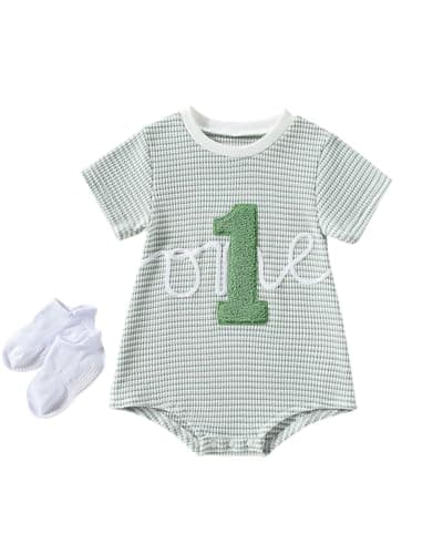 ChuYuKu Baby Boy 1st Birthday Romper Waffle Knit One Short Sleeve Onesie First Birthday Gift Soft Comfortable Bodysuit - Image 1